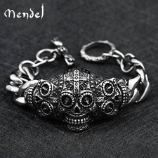 MENDEL Gothic 9 Inch Mens Cuban Chain Stainless Steel Punk Biker Skull Bracelet
