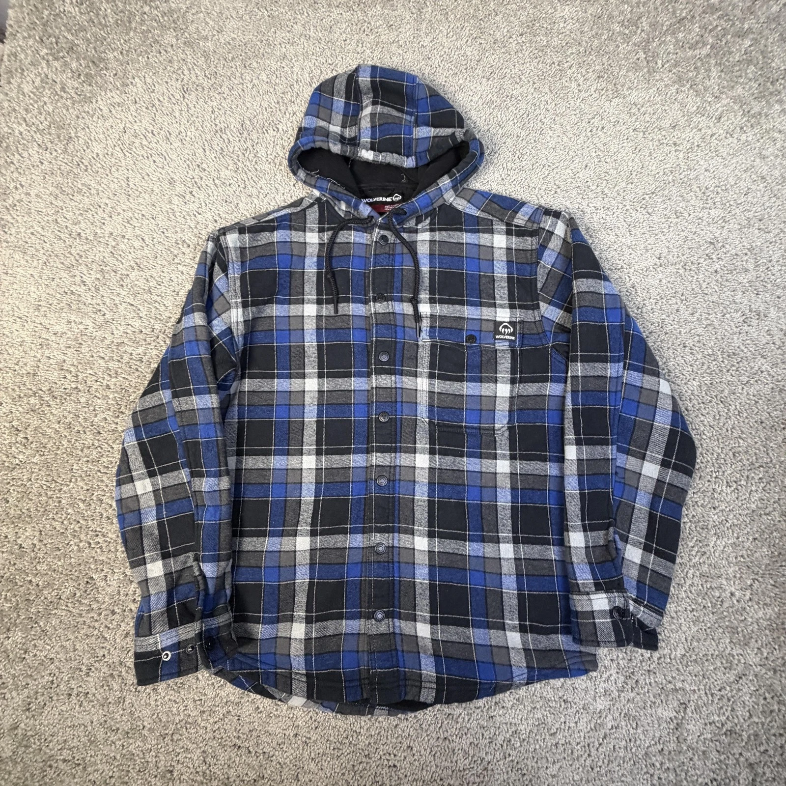 Wolverine Jacket Mens M Blue Hooded Lined Shacket Anorak Plaid Flannel