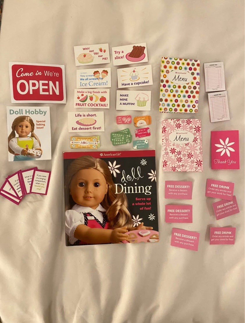 american girl doll boutique, and dining books with accessories