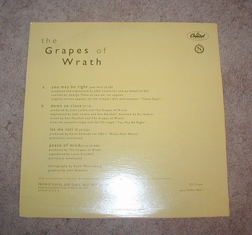 Grapes Of Wrath You May Be Right Capitol PROMO 12" EP Alternative Canadian Rock - Imagen 2 de 2