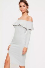 NWT Missguided  Bardot Frill Split Tailored Midi Dress Light Grey US 4