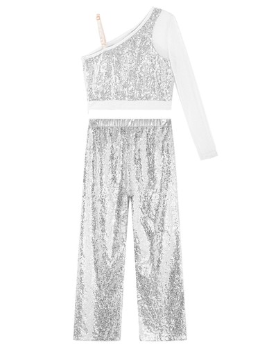 Kids Girls Dance Outfits Sparkly Dancewear Loose Crop Top With Wide-Leg Pants - Picture 62 of 69