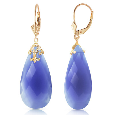 14K. GOLD OHRRINGE MIT HEBELVERSCHLUSS UND BRIOLETTE 31 X 16 MM TIEFBLAUER CHALCEDON