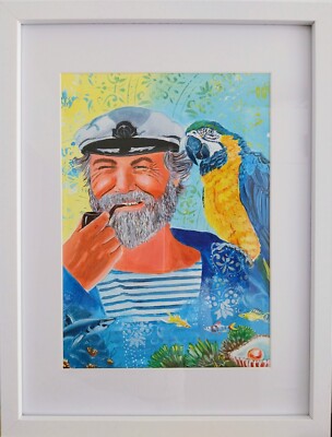 Ship captain with his parrot. Hand Painted Picture Framed