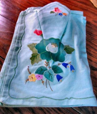 6 Vtg Pocket Placemats 6 Napkins Mint-Green Handmade Appliqued Flowers Unused