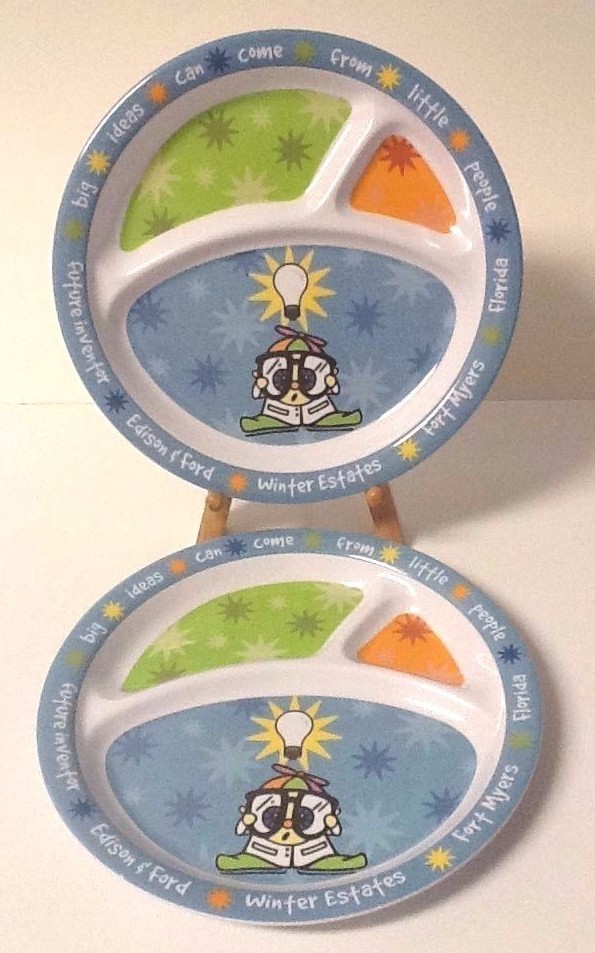 2 PLATES, Edison & Ford Kids Blue Melamine 3-Section Divided GOOD/Imperfect Cond