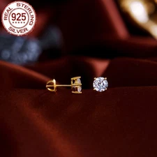 CWWZircons Gold Plated Round CZ Screw Design Earring 925 Sterling Silver Women