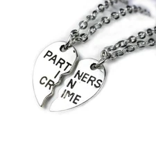2 Pc " PARTNERS IN CRIME " Link Cable Chain Antique Silver Broken Hearts