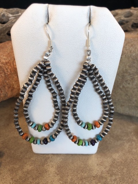 Native American Navajo Sterling Silver & Multi Stone Beaded Earrings Native American Navajo Sterling Silver & Multi Stone Beaded Earrings