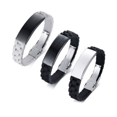 16MM Black/Silver/Gray Stainless Steel Bangle Men's Silicone Bracelet 