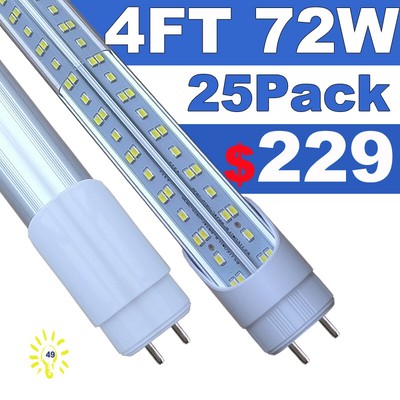 25Pack T8 4FT G13 Bi Pin Led Tube Light Bulbs 72W G13 4Foot Led Shop Light 6500K