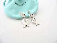 Tiffany  Co Silver Loving Heart Dangle Dangling Earrings Rare Gift Pouch Love