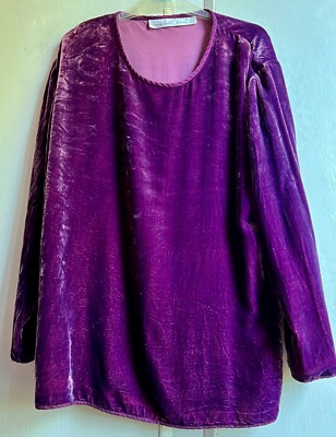 FENN WRIGHT MANSON Tunic Top XL Purple Silk Velvet Smock Round Neckline  UK