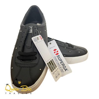 Superga Women Black Stud Leather Lace Up Fashion Sneaker 2843 Size 6.5