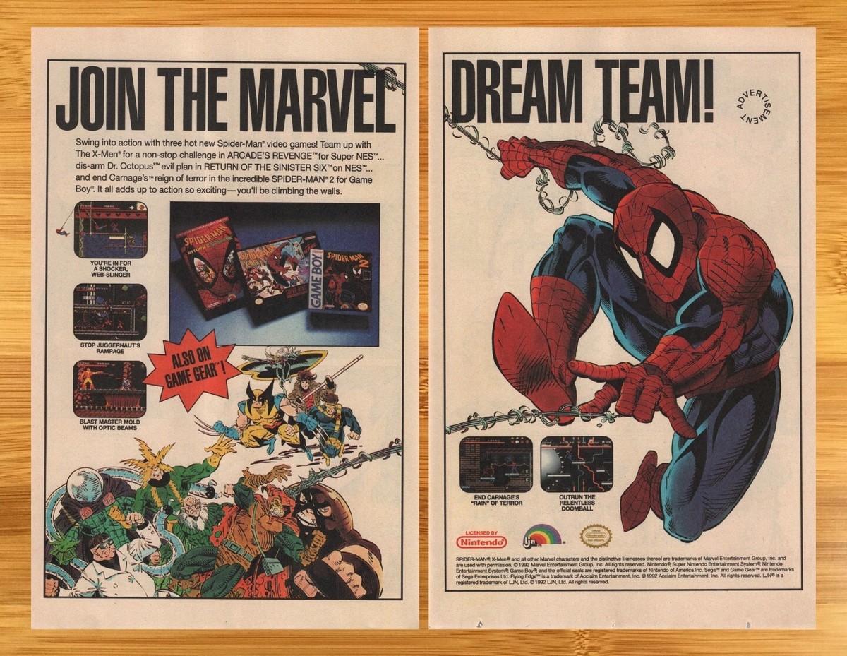 1992 Spiderman 2/Sinister Six/X-Men SNES Game Boy Print Ad/Poster