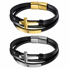 Men's Stainless Steel Cross Multi-layer Leather Magnetic Bracelet Free Engraving