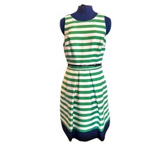 Eliza J Striped Fit & Flare Dress Sleeveless Green White Belted Size 8
