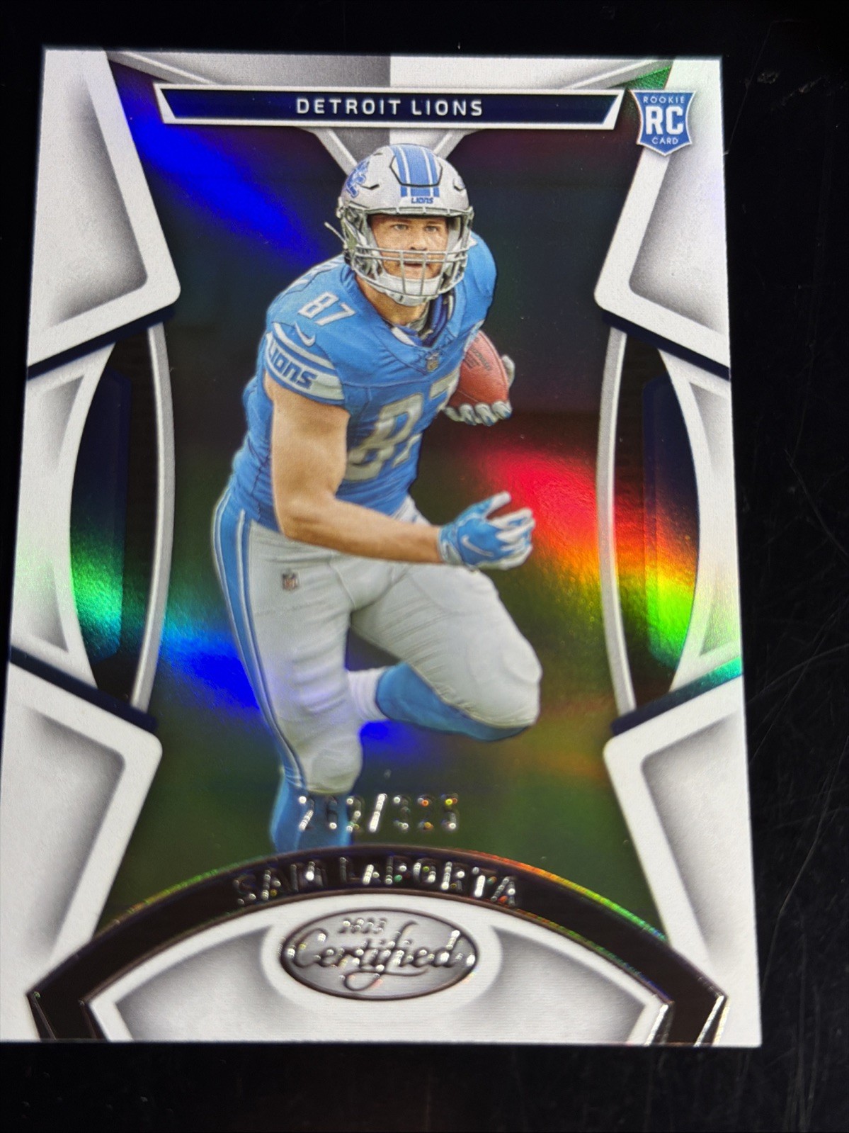2023 Panini Certified #138 Sam LaPorta Mirror /325 Detroit Lions, Iowa Hawkeyes