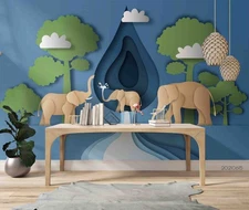 3D Paper Cutout Tree Elephant River Wall Murals Wallpaper Murals Wall Sticker