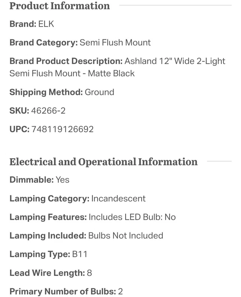 Elk Home Ashland 12 ancho 2 luces montaje semi empotrado - negro mate Foto 4 de 4