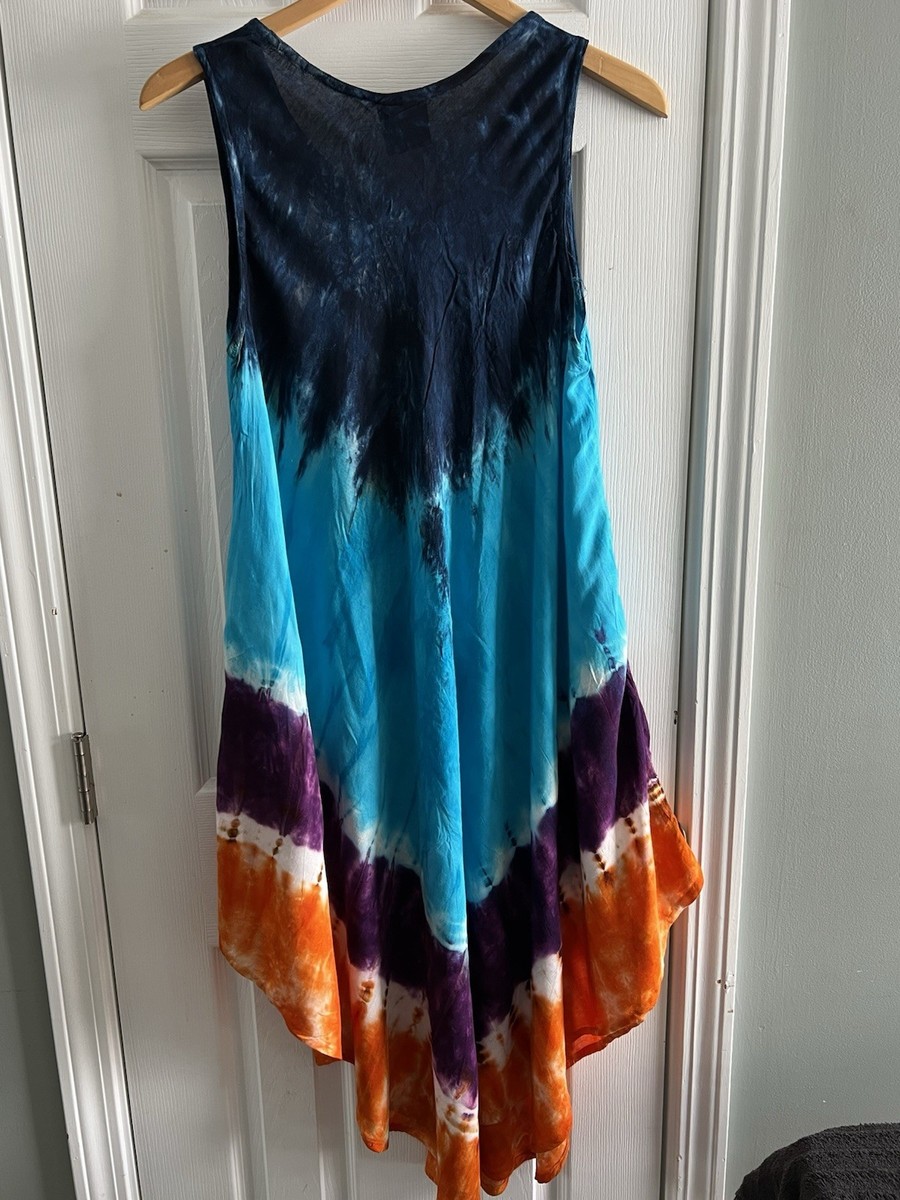 Jackpot Blue Orange Purple Tie Dye Sleeveless Long Sundress One Size