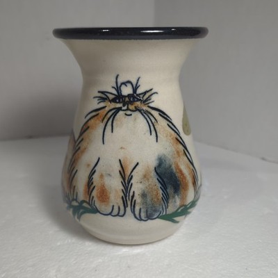 Moonfire Pottery Fat Cat Vase Painted Flower Claire and Bill Delffs Signed 