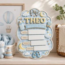 Personalized Baby Birth Stats Sign, Custom Boy Hello World Name Sign, Blue