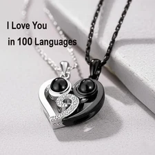 2Pcs I Love You in 100 Languages Projection Magnetic Heart Couple Necklace Gifts