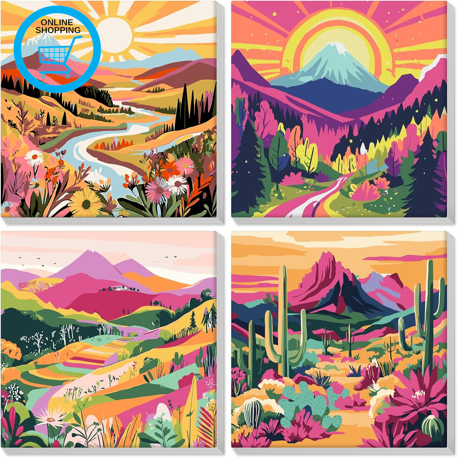 4 Pack Framed Paint by Numbers for Adults Beginner, Landscape Painting by Number
