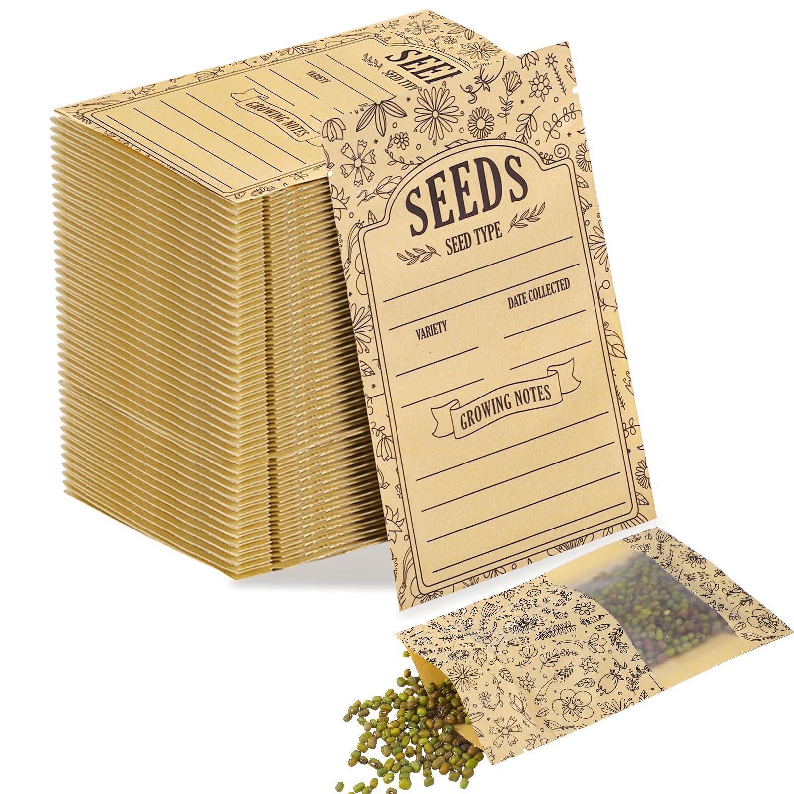 120 Seed Envelopes With Window, Resealable Floral 3.54 x 5.51 Inch, Brown