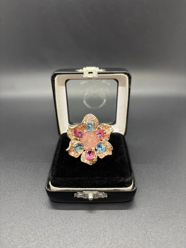 Rose Quartz & Pink/Blue Topaz Ring 925 Silver Gold Plated w/ 84 Zircons - Image 4 of 4