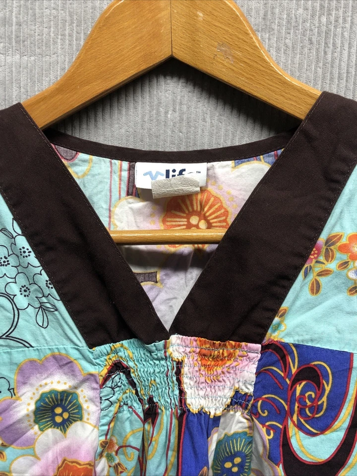 Blusa Médica Vintage V Life Para Mujer Talla L Marrón Teal Floral Cordón Cintura Foto 4 de 4