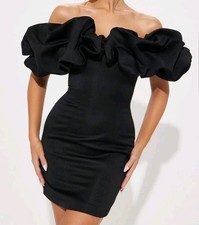 Parisian Nights Black Ruffle Off The Shoulders Satin Mini Dress Size Medium