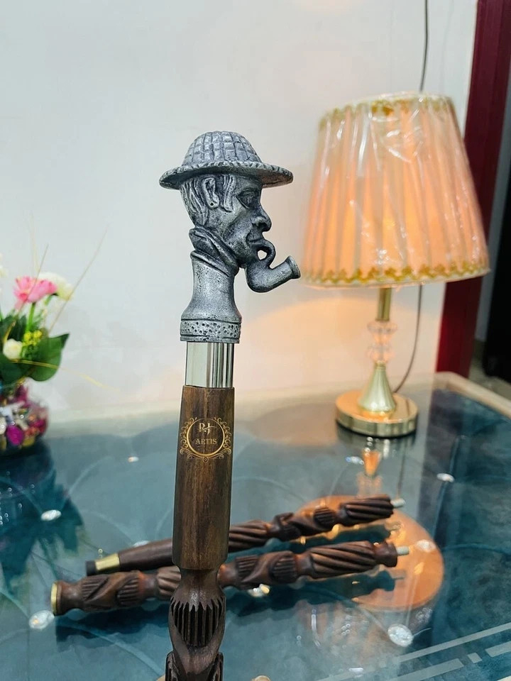 Antique Solid Brass Handmade Head Handle Wooden W… - image 6