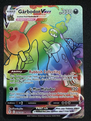 Garbodor Vmax 216/203 Evolving Skies Full Art Secret Rainbow Rare Pokemon Card