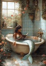 Mermaid Art Print Reading In Bathtub  Ocean Fantasy Vintage Bathroom AG59