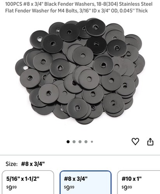 #ad 100PCS #8 x 3 4 Black Fender Washers Stainless Steel Flat Fender Washer Qty 100 $7.99