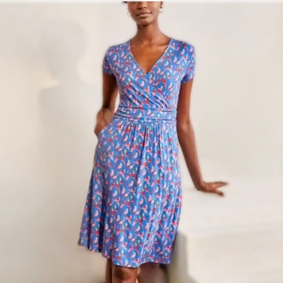 Boden Parrot Bird Print Faux Wrap Dress Women's US Size 8 Short Sleeve Blue  | eBay