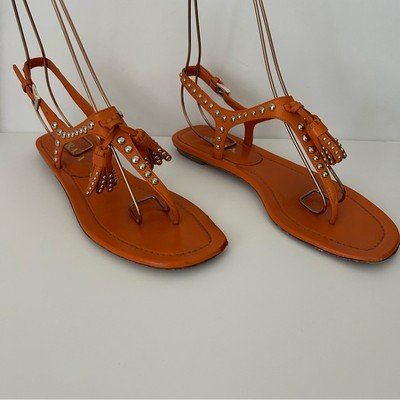 靴 Prada Python T-Strap Sandals 37 1/2 Prada Orange Leather Flat Studded Tassel Accents T Strap Thong
