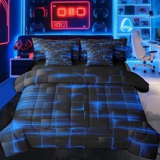 Blue Black Bedding Set Full Size Boys Girls Geometric Strip Lines Comforter S...