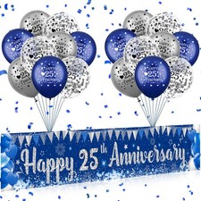 Blue Silver 25th Anniversary Decorations for Men Women, Blue Happy 25th Anniv...
