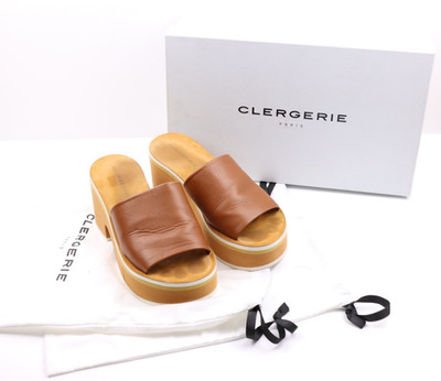 Clergerie Paris Tan Leather Platform Slides Size 38.5 Original Box Dust Bags