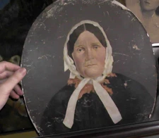 24x18 painting very old 1800s ? on thin metal woman housewife conservative usa