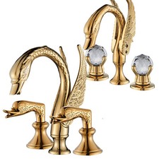 Double Crystal Knobs Basin Faucet Widespread 3 Holes Sink Mixer Tap Gold Finish