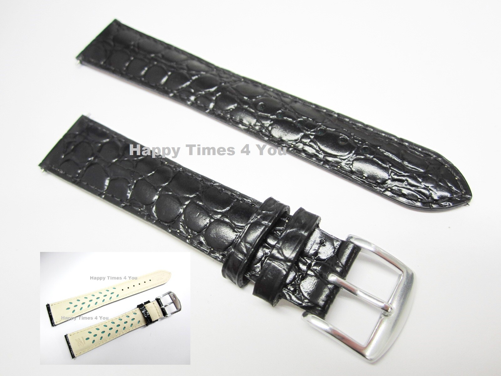 ZRC 20mm Black Crocodile Grain Extra Long Anti-Allergic Watch Band