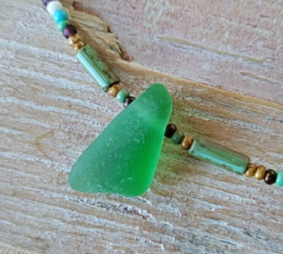 Genuine Sea Glass Necklace Aloha Casual Elegance Frosty Hawaii Beaded Choker