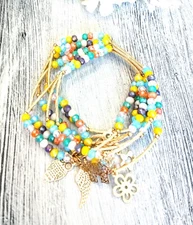 7 Pcs Semanario Bracelet Set Gold Plated Lucky Charms Crystal Faceted Beads 