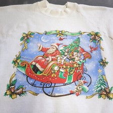 Vtg 90s Christmas Crewneck Sweatshirt Santa Claus Reindeer White Large Stained