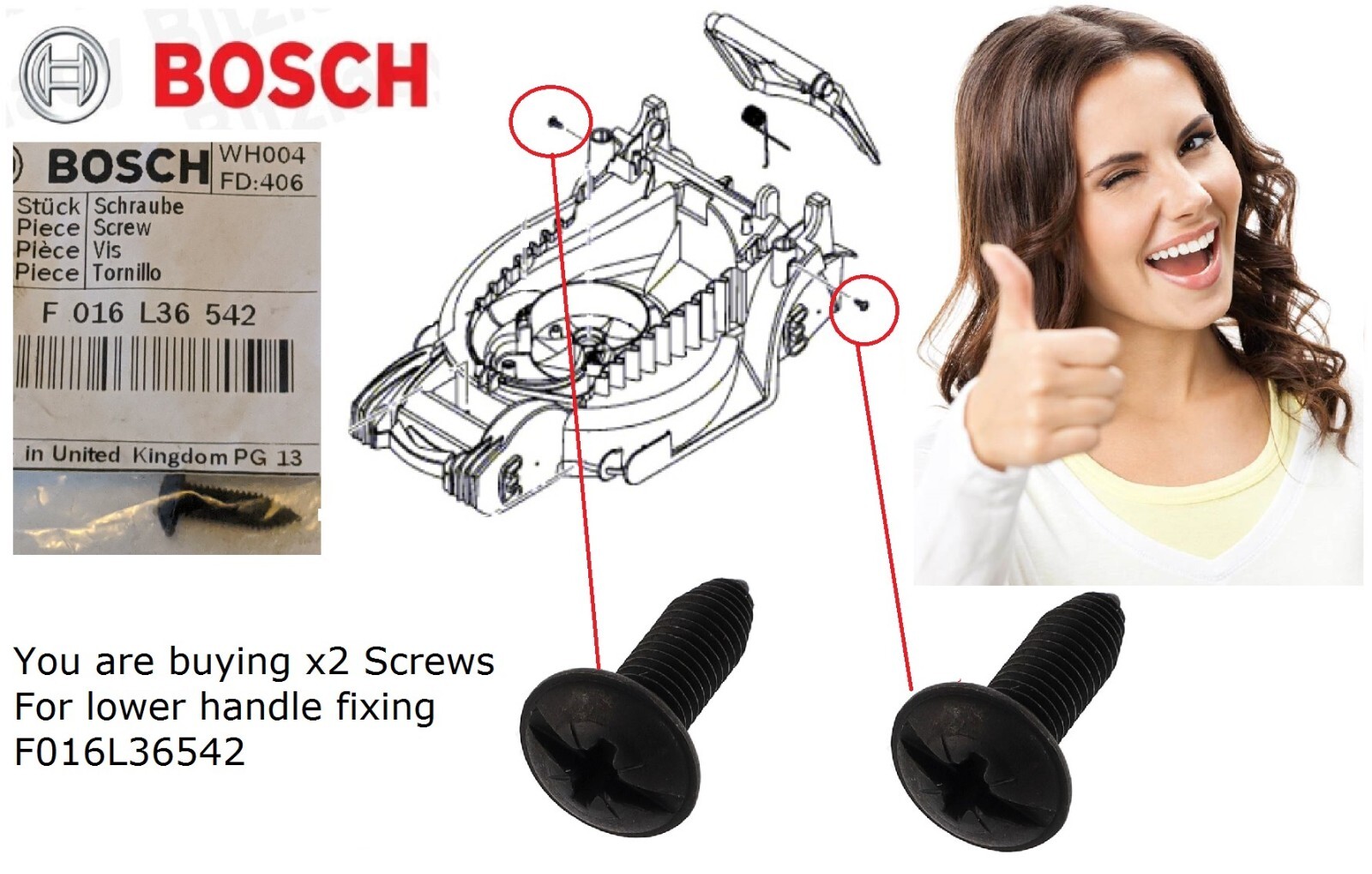 Genuine Bosch Rotak Lawnmower Screws x2 F016L36542 for lower handle