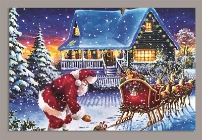 Großes Glasfaser LED beleuchtet Weihnachten Leinwand Bild 60cm x 40cm Weihnachtsschlitten